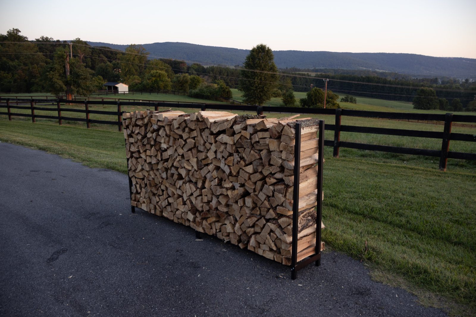 Steel firewood rack holding wood